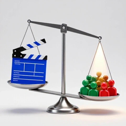 Vivid 3D scene of a balancing scale with creative hobby objects on one side and spotlighted audience icons on the other.
