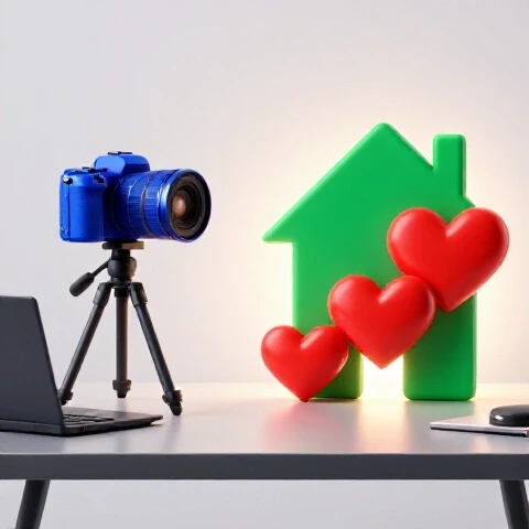 Split-scene image of a camera and editing desk on one side, family symbols like a house and hearts on the other, with bright lighting and rich colors.