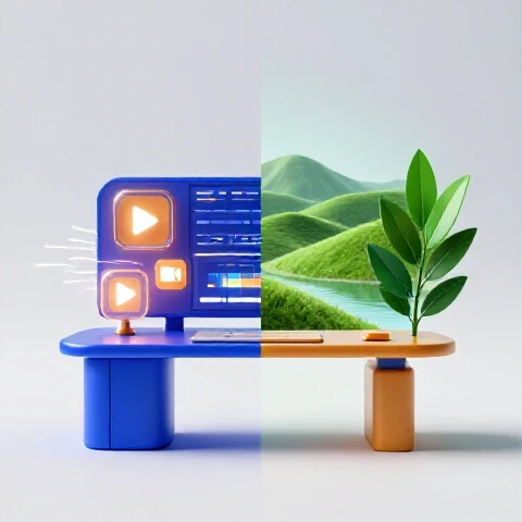 Striking split image showing a vibrant video creator's desk blending into tranquil green nature, symbolizing balance.