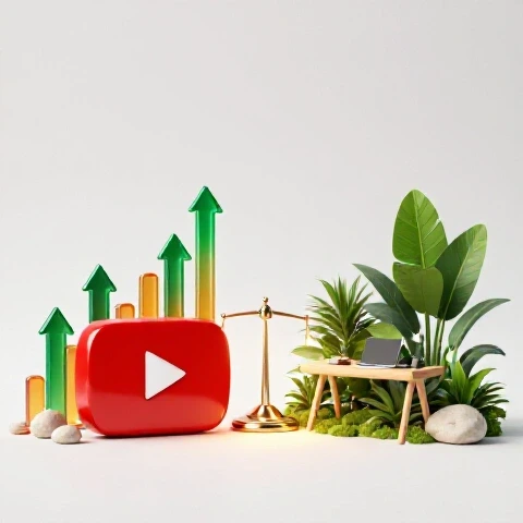 Split image with a vibrant YouTube play button and growth arrows on one side, a tranquil creator workspace in nature tones on the other, joined by a glowing balance scale.