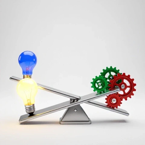 A vibrant lightbulb and sleek gears balanced on a metallic seesaw in a bright, clean studio setting