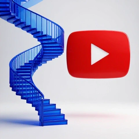 Split-screen of a winding royal blue staircase and a vivid red play button with strong contrast and bright background