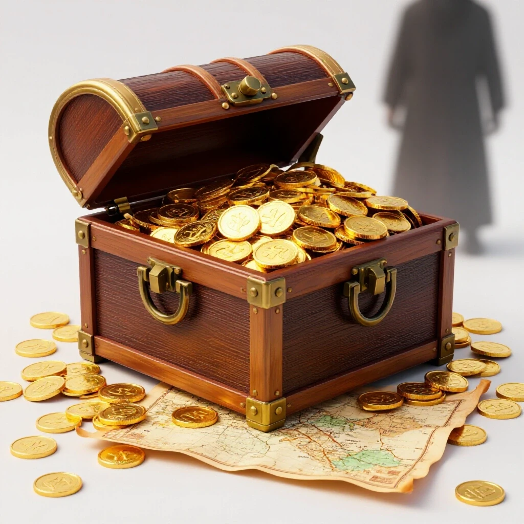 A vibrant treasure chest overflowing with gold coins and a vintage map, suggesting mystery and adventure.