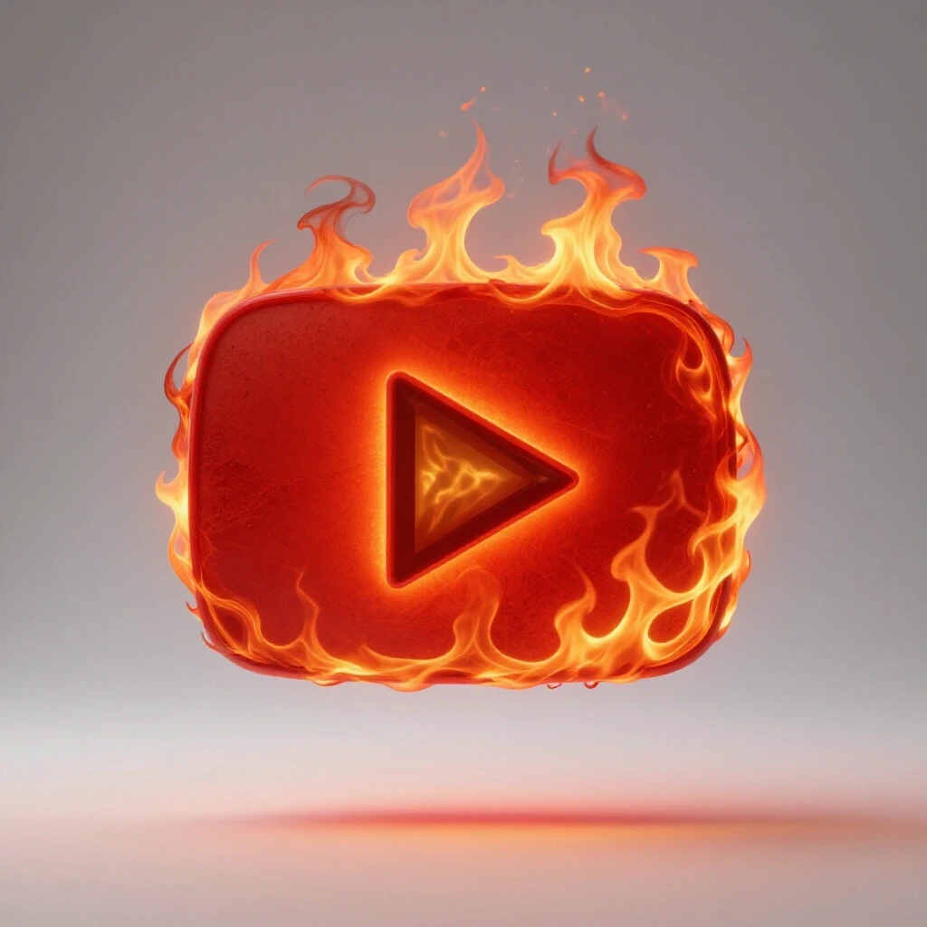 A vibrant YouTube play button engulfed in flames against a bright grey background, illustrating urgency.