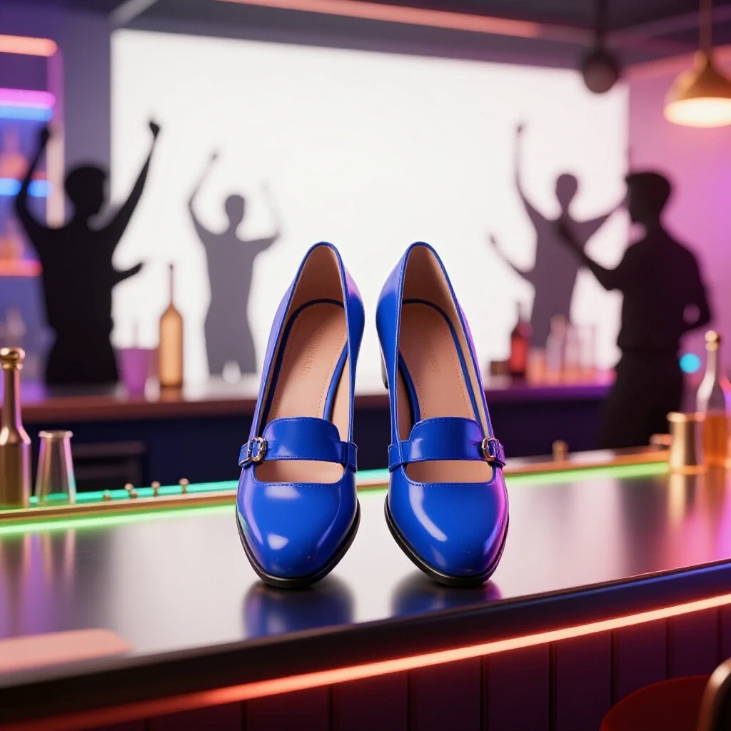 Stylish bar shoes displayed on a vibrant neon-lit bar counter, creating an energetic atmosphere.