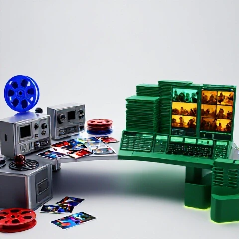 Split scene showing chaotic, cluttered video editing workspace on one side and organized, calm editing environment on the other using rich colors.