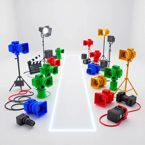 A jumble of vibrant cameras, lights, and clapperboards with a clear illuminated path through the chaos