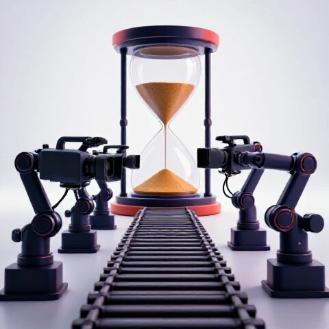 Assembly line of identical video cameras operated by robotic arms with a shrinking hourglass in a bright studio.