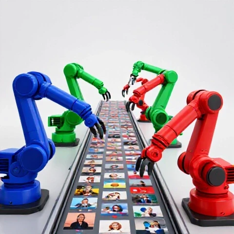 Robotic arms assembling a series of vibrant video thumbnails on a bright studio assembly line.