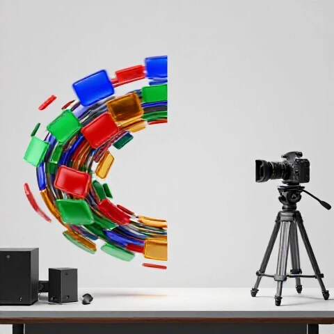 Split scene showing a swirl of vibrant video thumbnails contrasted with a calm, organized camera setup in a bright studio.