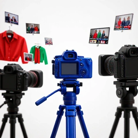 Central camera setup with duplicate cameras and changing outfits, symbolizing batch video recording productivity.