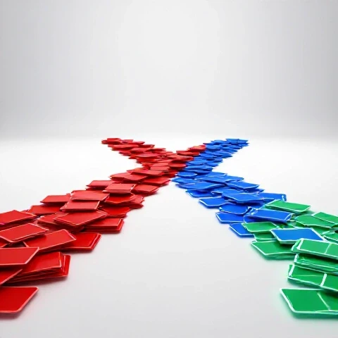 Diverging paths with crowded red video thumbnails on one side and spaced blue-green thumbnails on the other, symbolizing different upload strategies.
