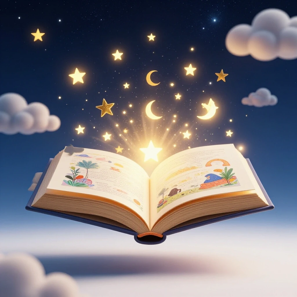 A whimsical scene of a giant open book floating in a starry night sky filled with glowing illustrations and dreamy elements.