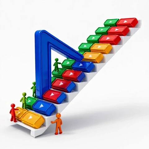 Colorful staircase of video play buttons ascends upward with abstract figures starting the first step, symbolizing subscriber growth.