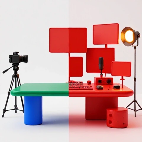 Split-screen of simple and advanced YouTube video setups with vivid colors and sleek studio gear contrast.
