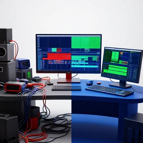 Split view showing a chaotic beginner workspace beside a sleek, organized pro editing setup with vibrant colors.