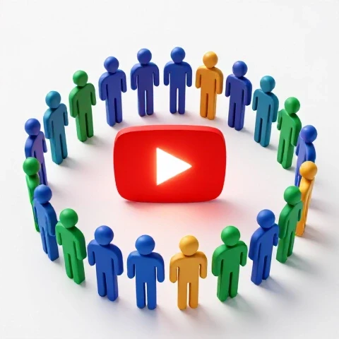 A glowing YouTube play button surrounded by vibrant, colorful abstract figures in a circle, symbolizing unity and belonging.