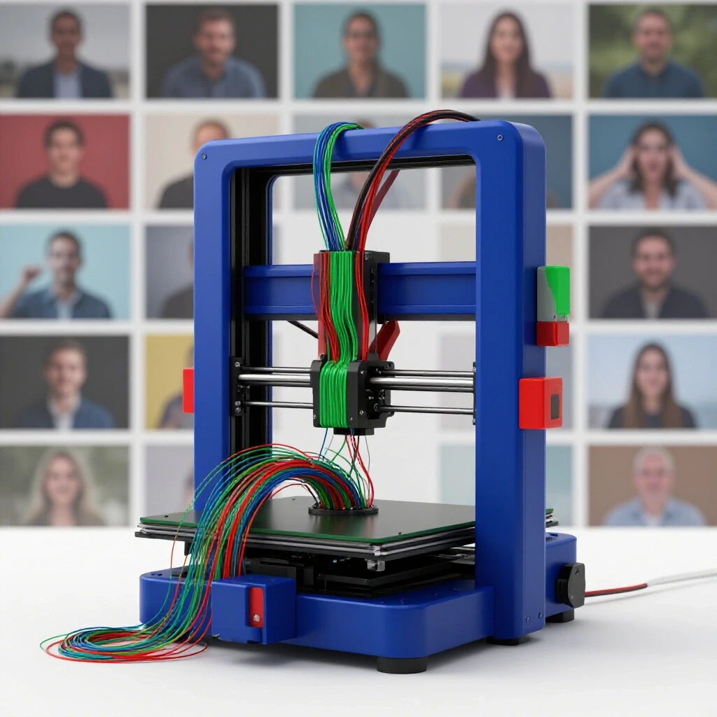 A vibrant 3D printer in action with colorful filament spiraling out, surrounded by blurred video thumbnails.