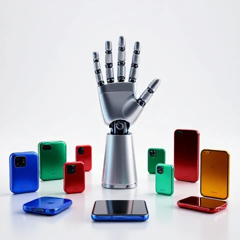 Robotic hand choosing a vibrant AI gadget from a variety of colorful devices on a bright workspace.