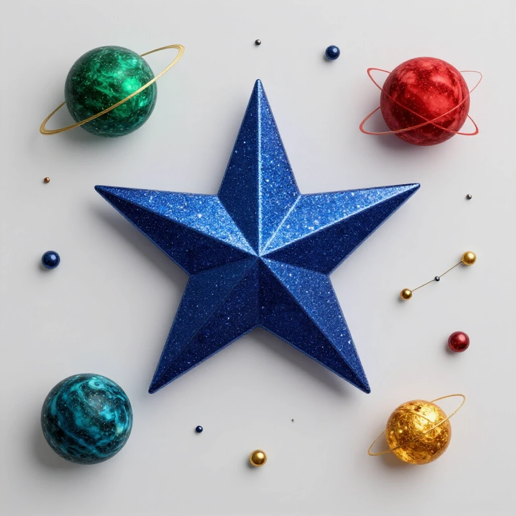 A shimmering five-pointed star surrounded by celestial elements, showcasing rich colors and a bright background, symbolizing astrology.