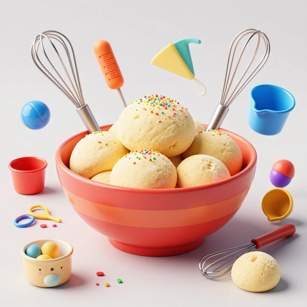 A vibrant bowl of dough surrounded by colorful baking tools and sprinkles against a bright studio background.
