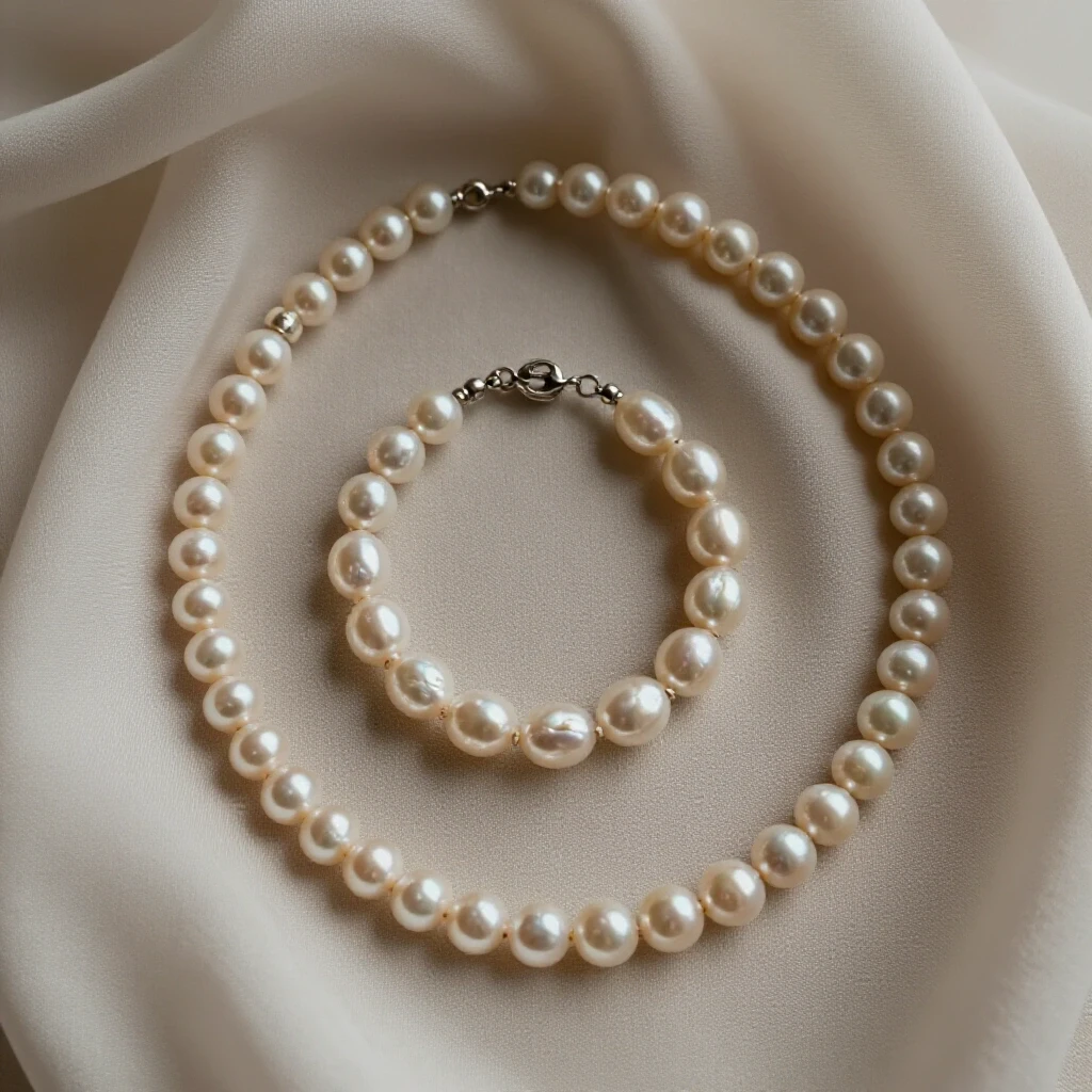 Luxurious flat lay of Baroque pearl bracelet and necklace on soft bridal fabrics, evoking romance and sophistication.