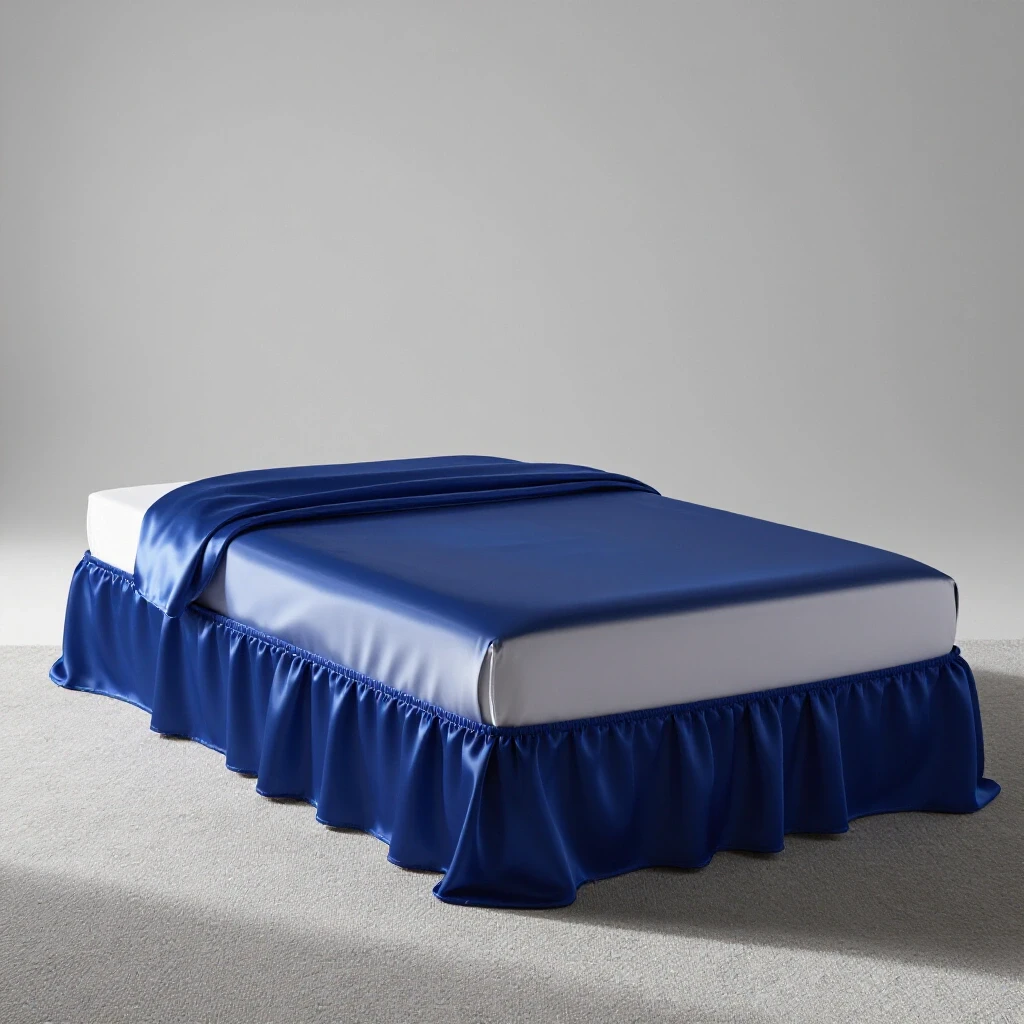 A beautifully styled platform bed with a rich blue bed skirt, creating a cozy and elegant atmosphere.