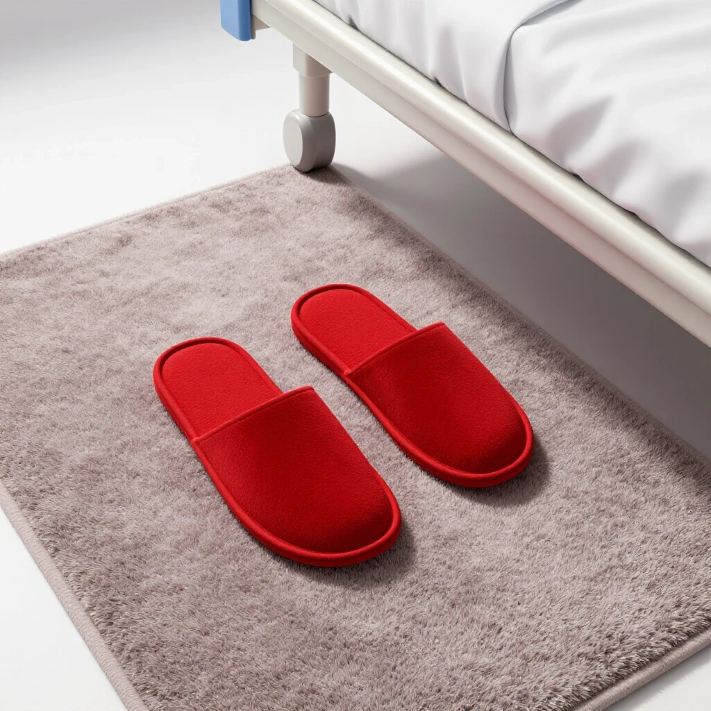 Stylish crimson red bedside slippers on a plush rug beside a hospital bed, creating a warm atmosphere.