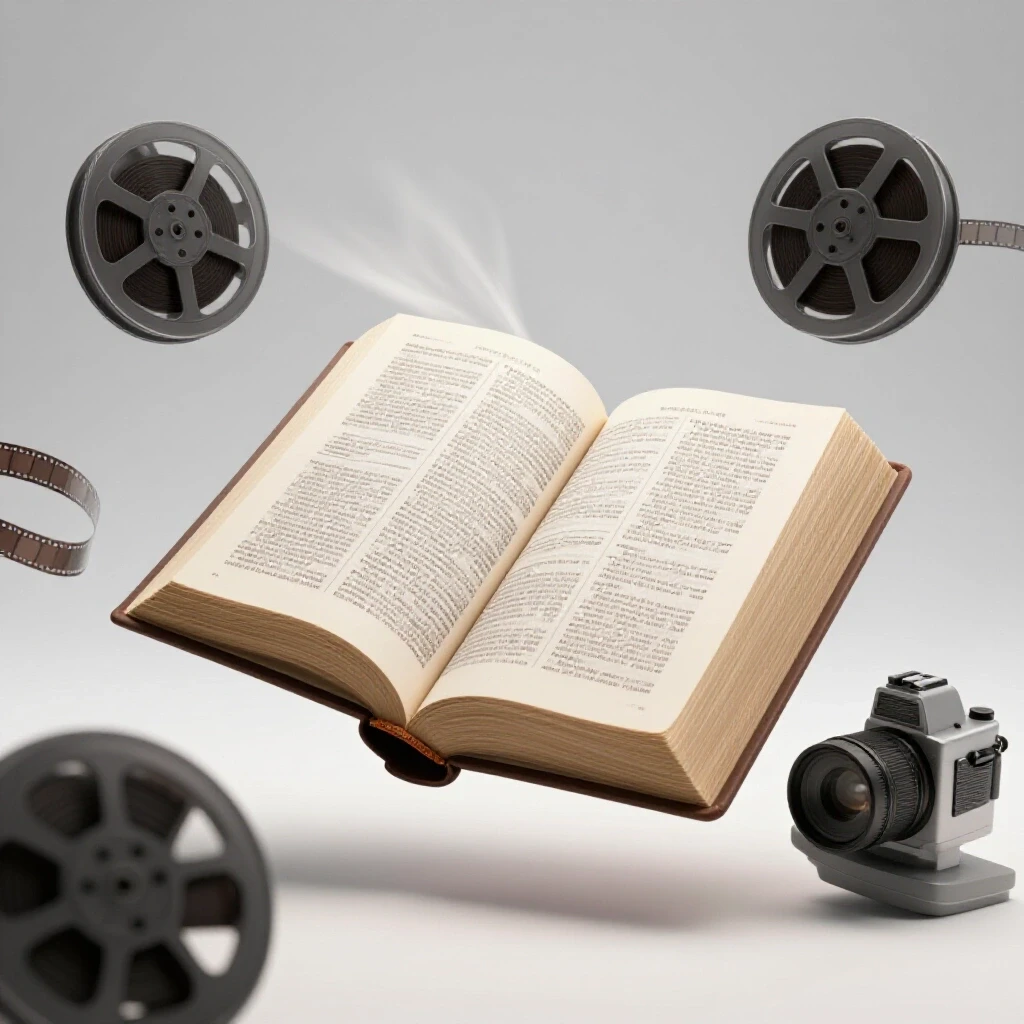 An open Bible with flipping pages surrounded by film reels and a camera, evoking discovery.