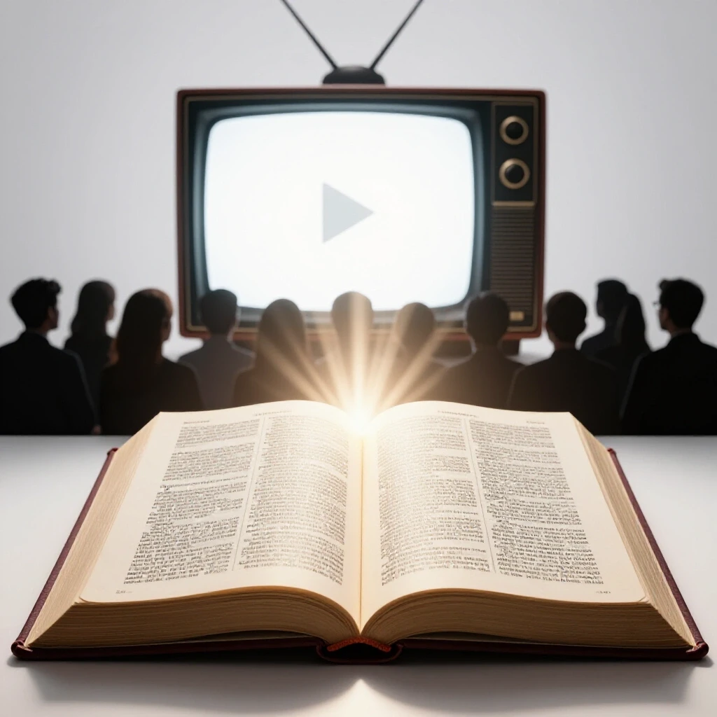 A glowing open Bible with rays of light, silhouettes of people watching a vintage TV with a play button.