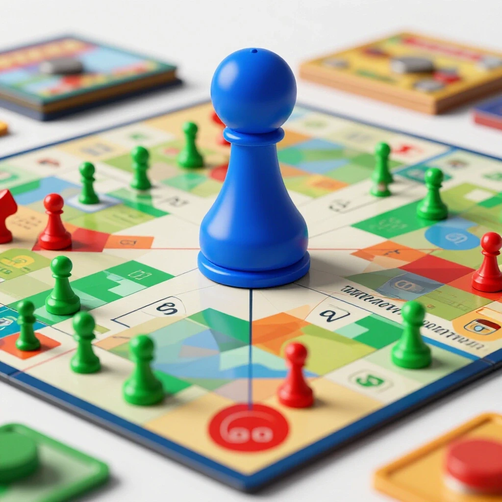 A vibrant royal blue board game piece dominates smaller colorful pieces against a bright background.