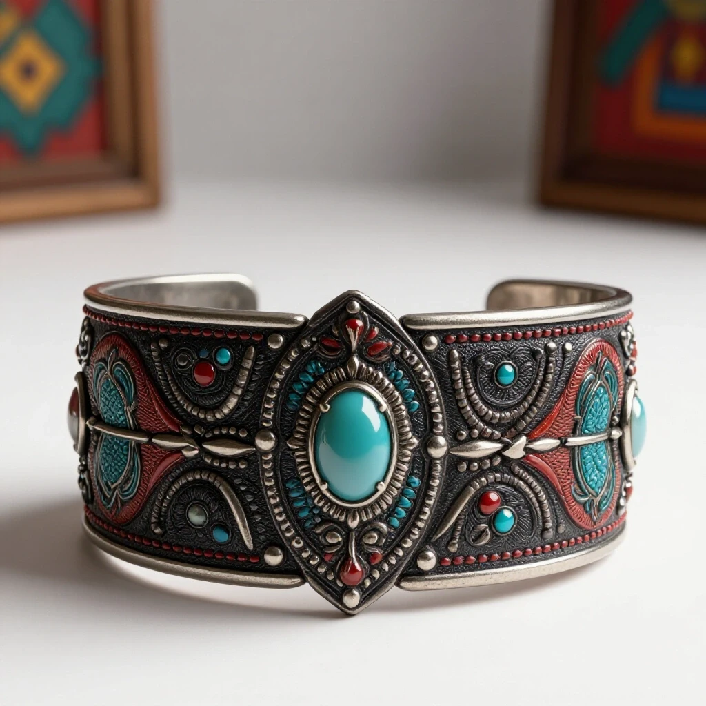 Close-up of a beautifully designed bolo wrist cuff against a bright white background, highlighting vibrant textures and colors.