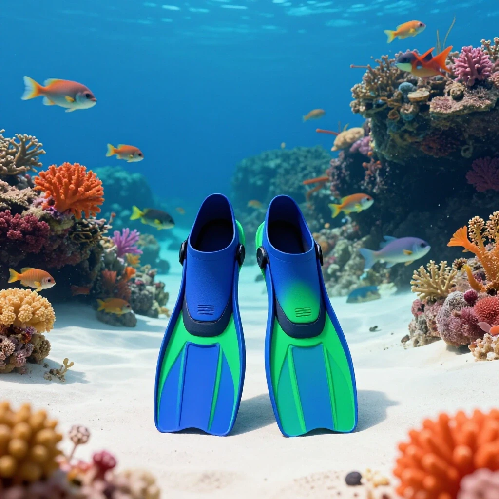 Vibrant underwater scene featuring colorful scuba diving booties against a lively ocean backdrop filled with marine life.