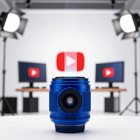 Glossy royal blue camera lens centered with light beam to blurred YouTube studio background, bright scene.