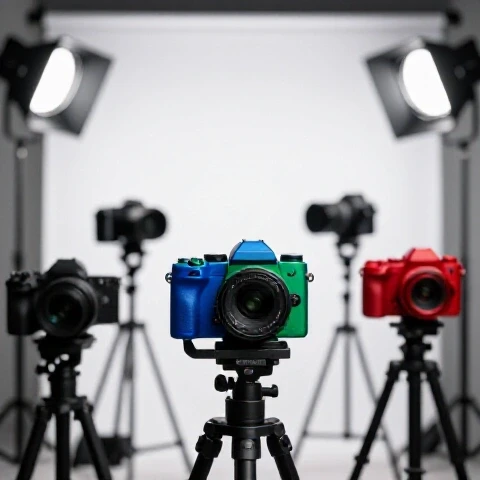 Vivid modern cameras arranged in a bright studio, one sharply focused at center with others blurred.