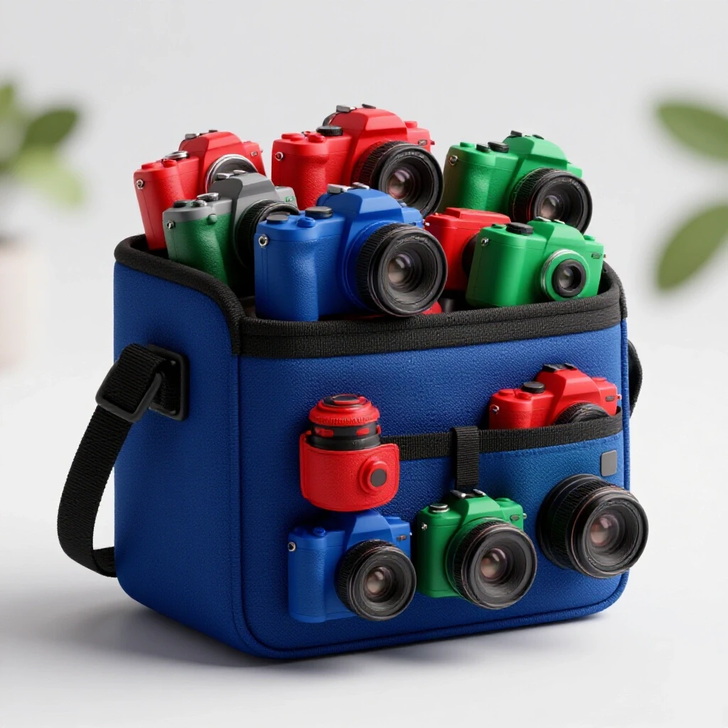 A colorful camera-harness pouch overflowing with small cameras set against a bright background.