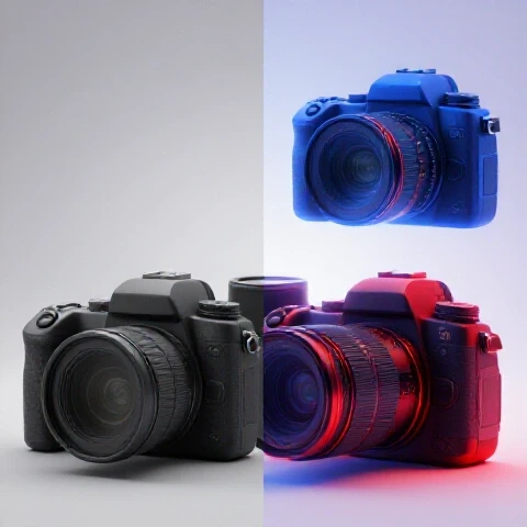 Dramatic split image of basic versus advanced camera setups, vibrant lighting and rich colors accentuate the upgrade.