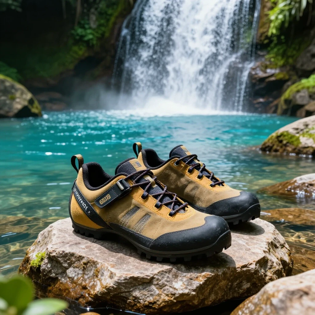 A vibrant waterfall with clear water and rugged canyoning shoes on a rock at the forefront, creating an adventurous atmosphere.