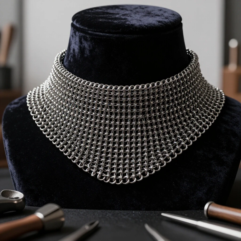 Close-up of a luxurious chainmaille choker on dark velvet, with blurred metalwork tools in the foreground.