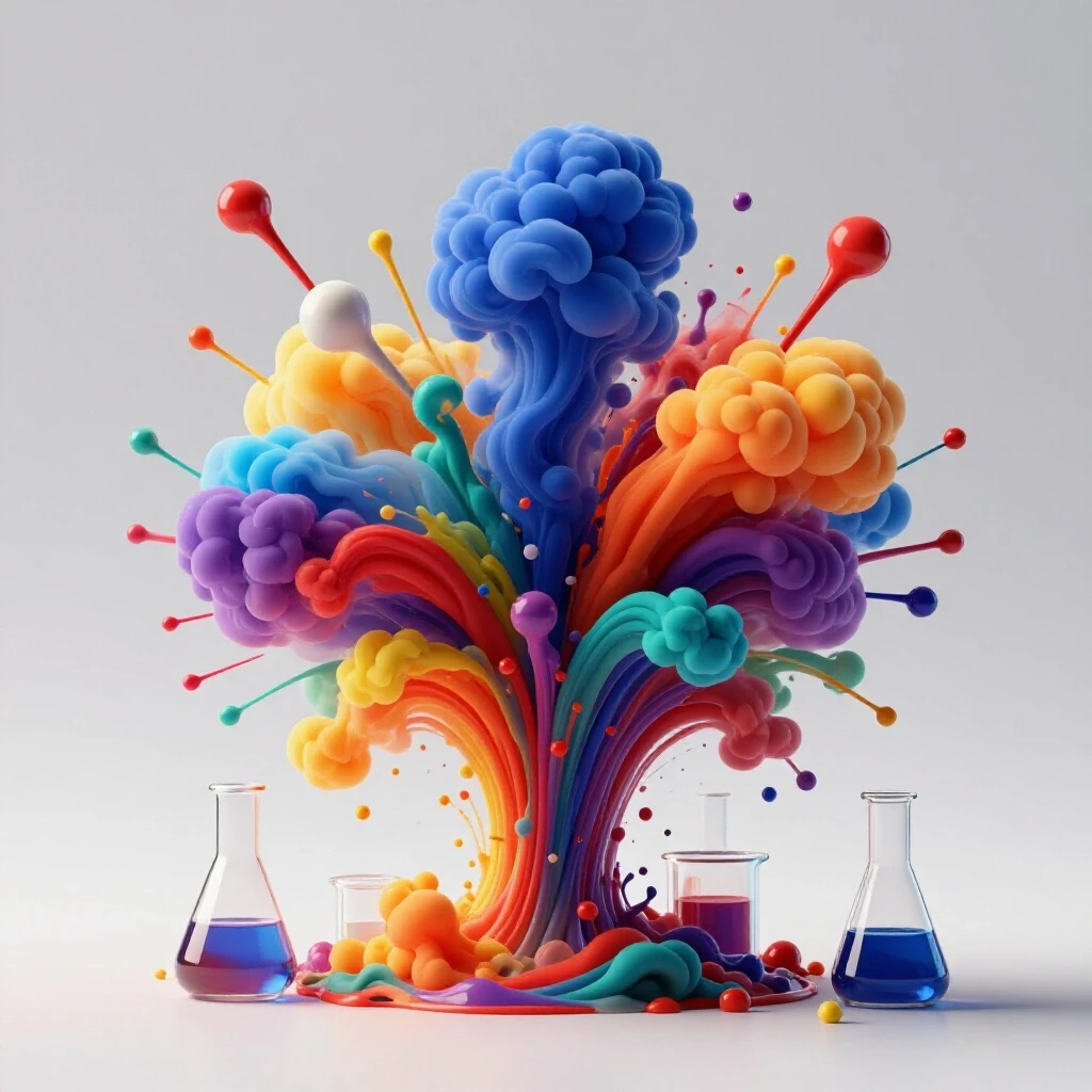A vibrant explosion of colors with swirling smoke and laboratory glassware symbolizing chemistry education.
