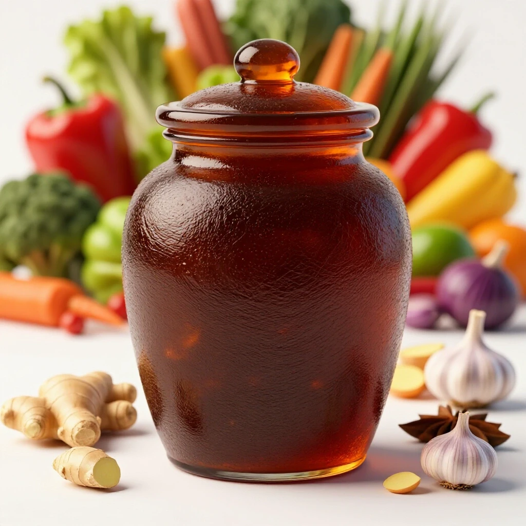 A striking composition of a mysterious spice jar surrounded by blurred fresh ingredients like ginger and garlic.