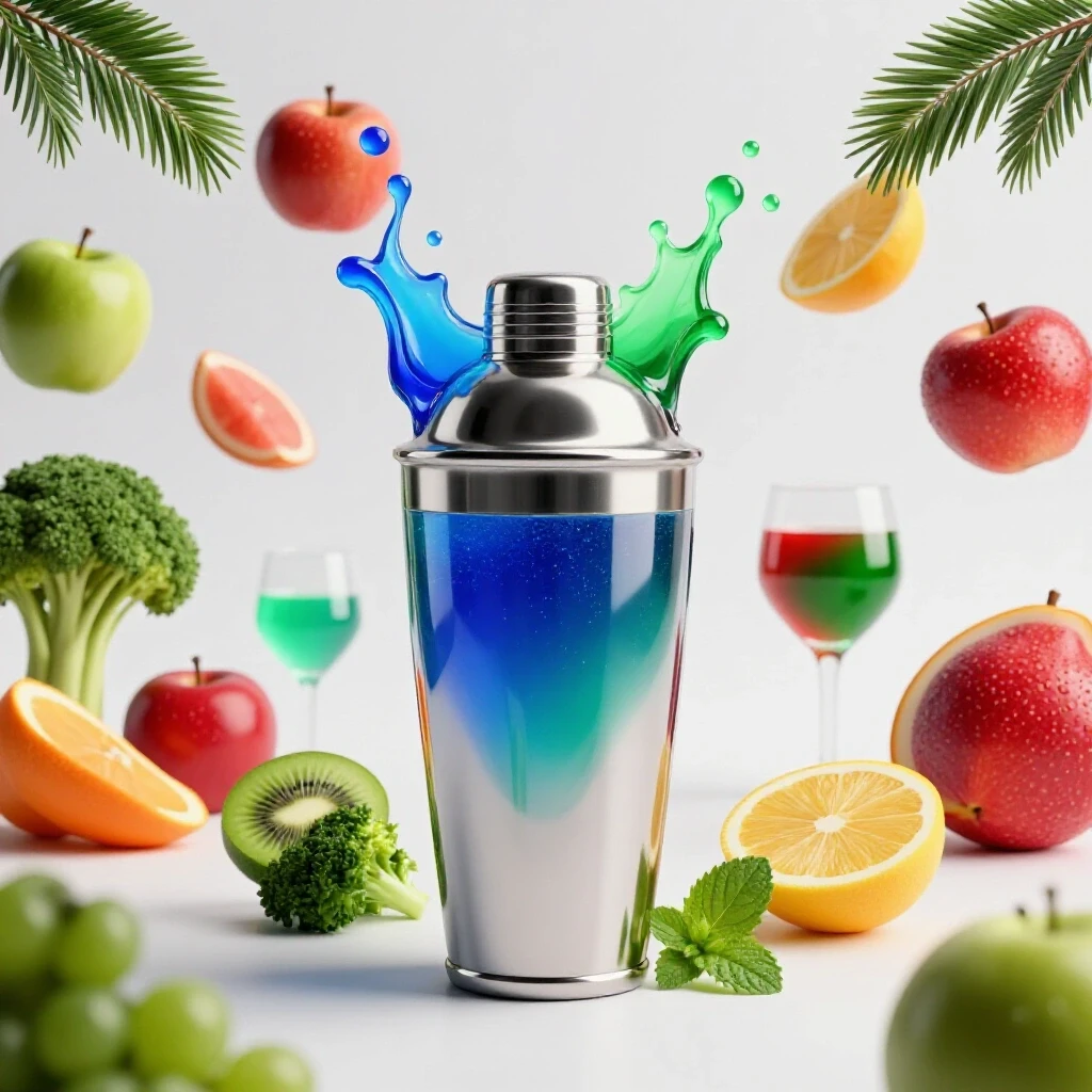 Colorful cocktail shaker mid-action with splashing liquid and fresh ingredients in the background.