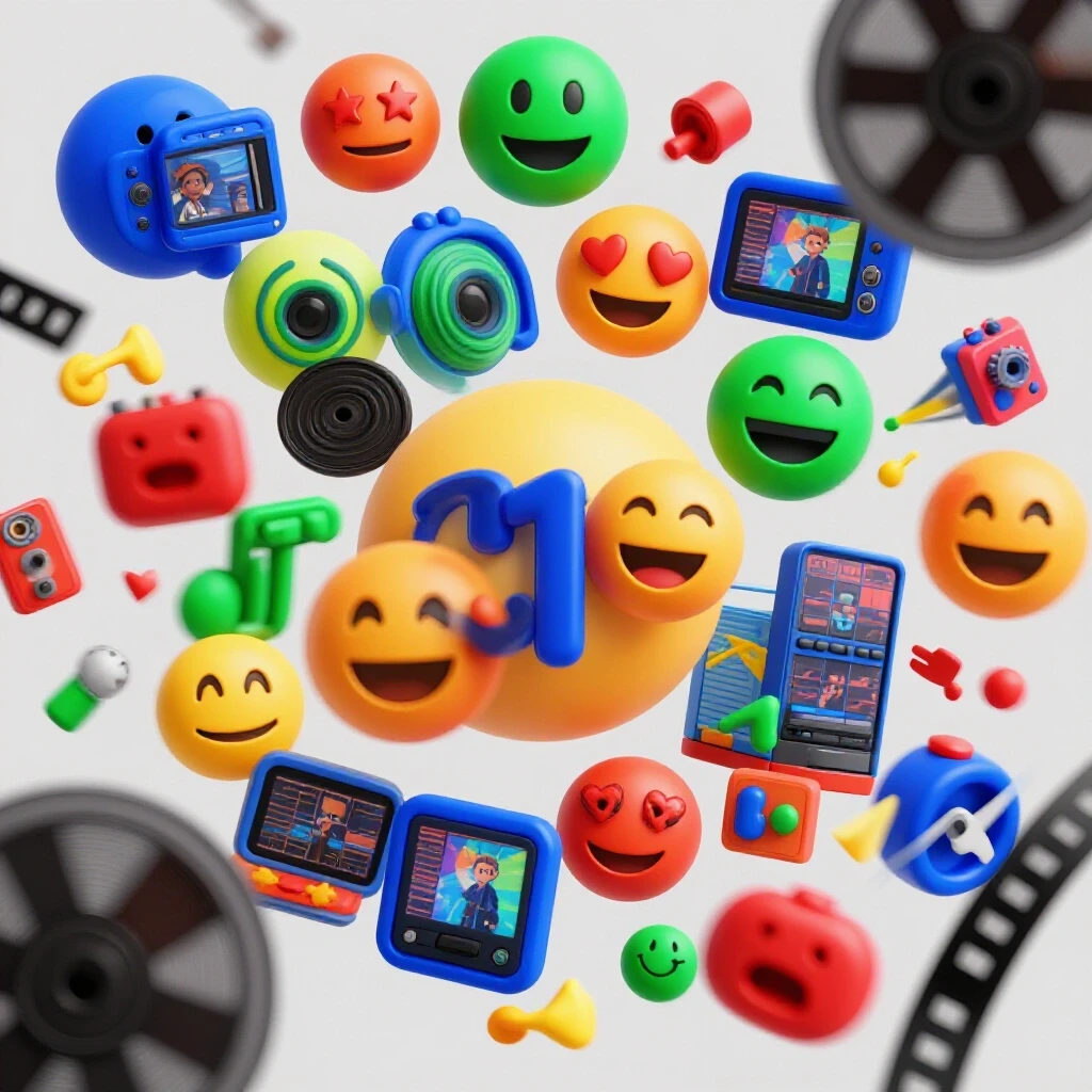 A vibrant collage of dynamic 3D objects representing popular compilation video themes against a bright background.