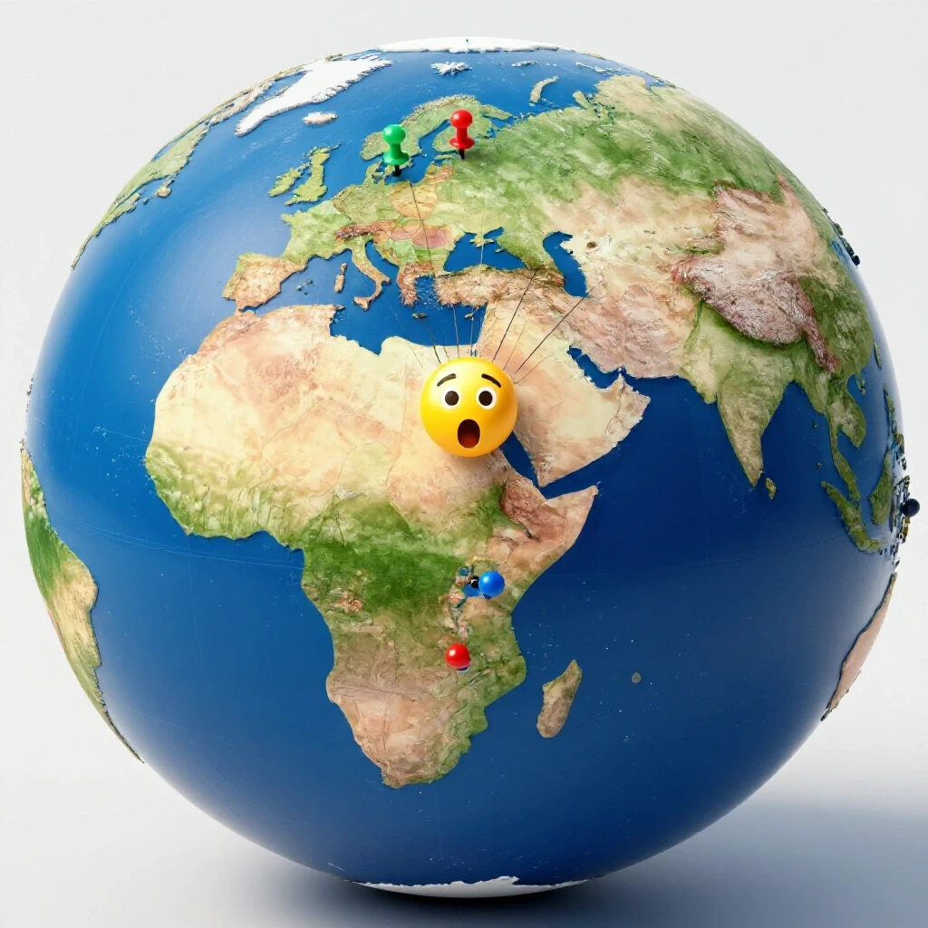 A striking globe with vibrant pins marking countries, one highlighted with an emoji and dynamic lines for emphasis.