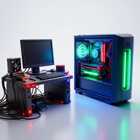 Split-screen contrasting a messy, outdated video editing setup with a sleek, energized modern workstation radiating power.