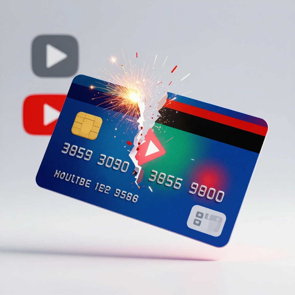 Vibrant oversized credit card dramatically snapped in half, with colorful sparks and YouTube elements in the background.