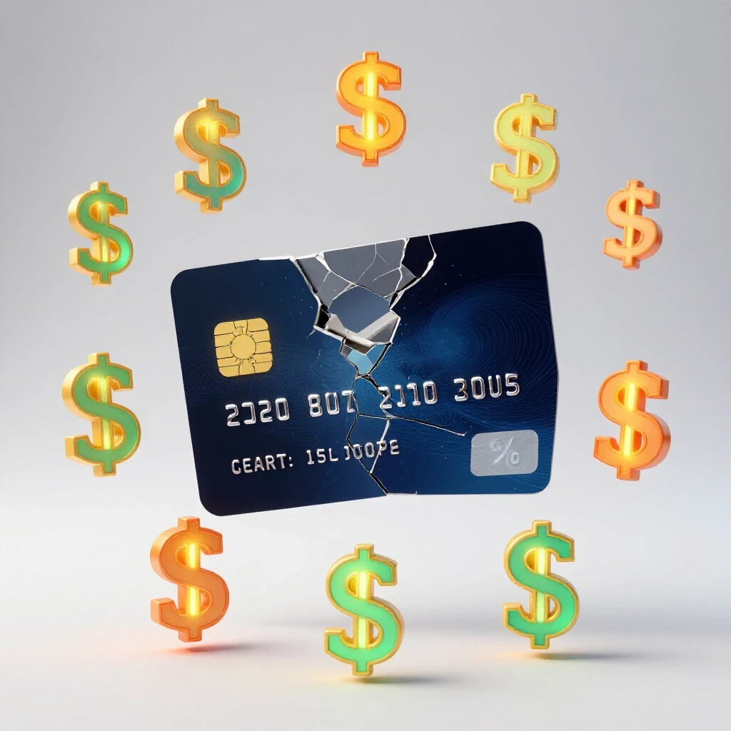 A dramatic visual of a broken credit card with glowing dollar signs reflecting financial caution, set against a clean light grey background.