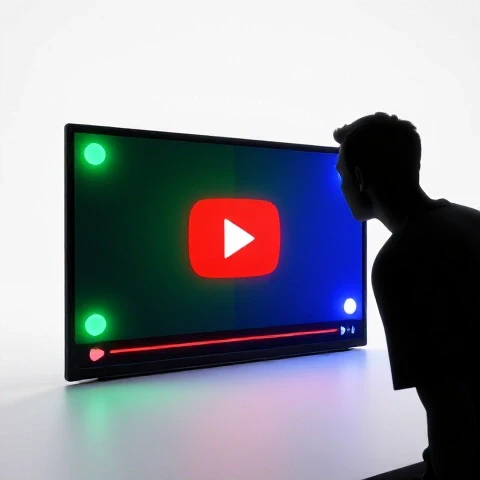 Split-screen YouTube player shows glowing CTA hotspots with an abstract viewer silhouette leaning in curiously.