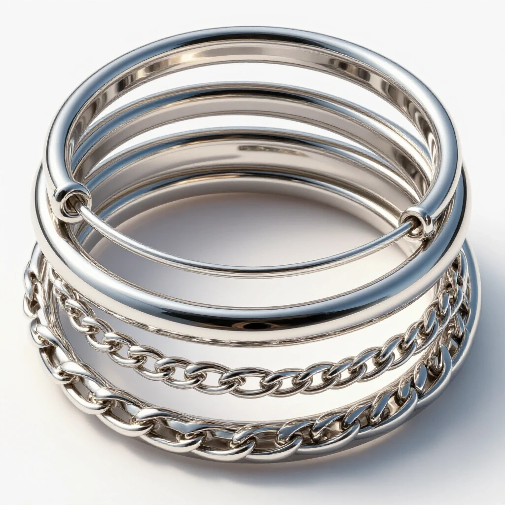 Elegant layered cuff-and-chain bracelets intertwined on a bright background showcasing their shine and detail.