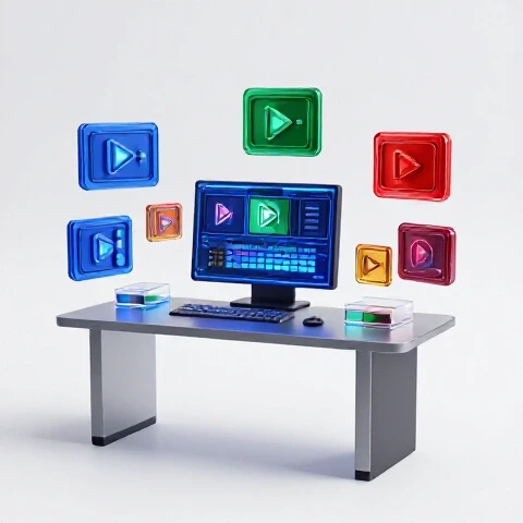 Dynamic scene of a modern workspace with glowing, vibrant editing tools floating around a central desk